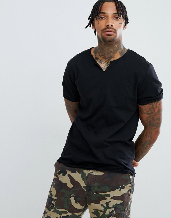 Asos Design Relaxed Fit T-shirt With Raw Notch Neck In Black - Black