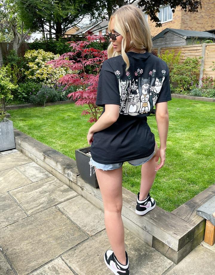 New Love Club Oversized T-shirt With Cats Graphic Back Print In Black