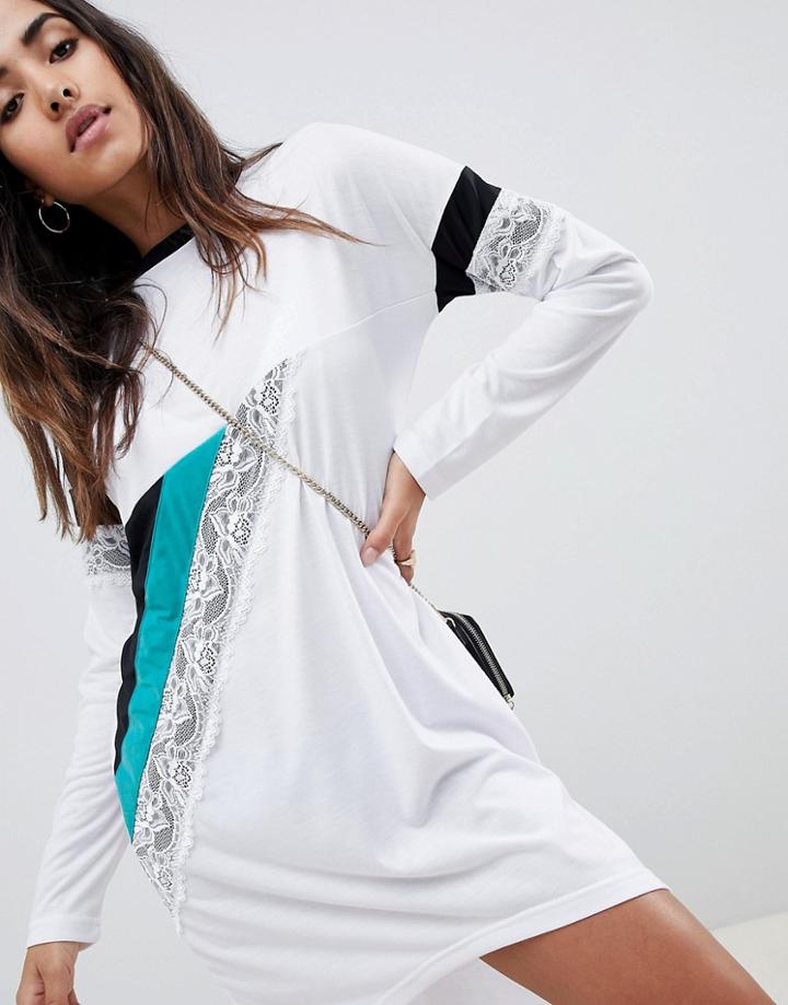 Asos Design Color Block Lace Insert T-shirt Dress - Multi