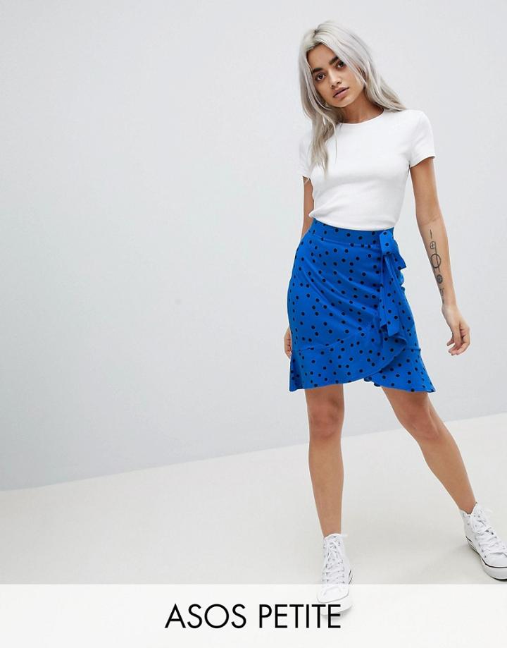 Asos Petite Mini Wrap Skirt In Polka Dot Print - Blue