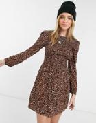 Cotton: On Long Sleeve Mini Dress In Leopard Chocolate-brown