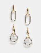Asos Design Pack Of 2 Hoop Earrings With Oval And Circle Link In Silver/ Gold Tone-multi