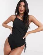 Fashion Union One Shoulder Ruched Swimsuit In Black