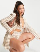 Asos Design Jersey Boyfriend Suit Blazer In Textured Natural Check-multi