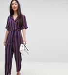 Asos Design Petite Wrap Jumpsuit With Self Buckle In Stripe-multi