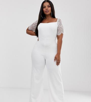 Club L Plus Crochet Sleeve Jumpsuit - White