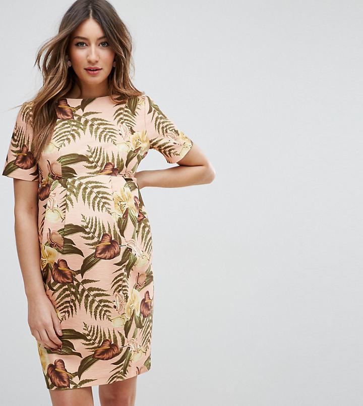 Asos Maternity Smart Midi Dress In Tropical Print - Multi