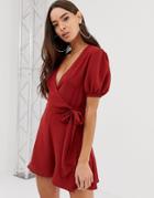 Asos Design Wrap Romper With Puff Sleeve-red