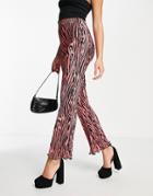 Asos Design Plisse Flare Pants In Pink And Black Animal Print-multi