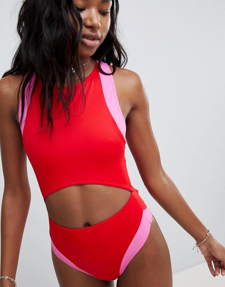 Asos Design Color Block Zip Back Swimsuit - Red