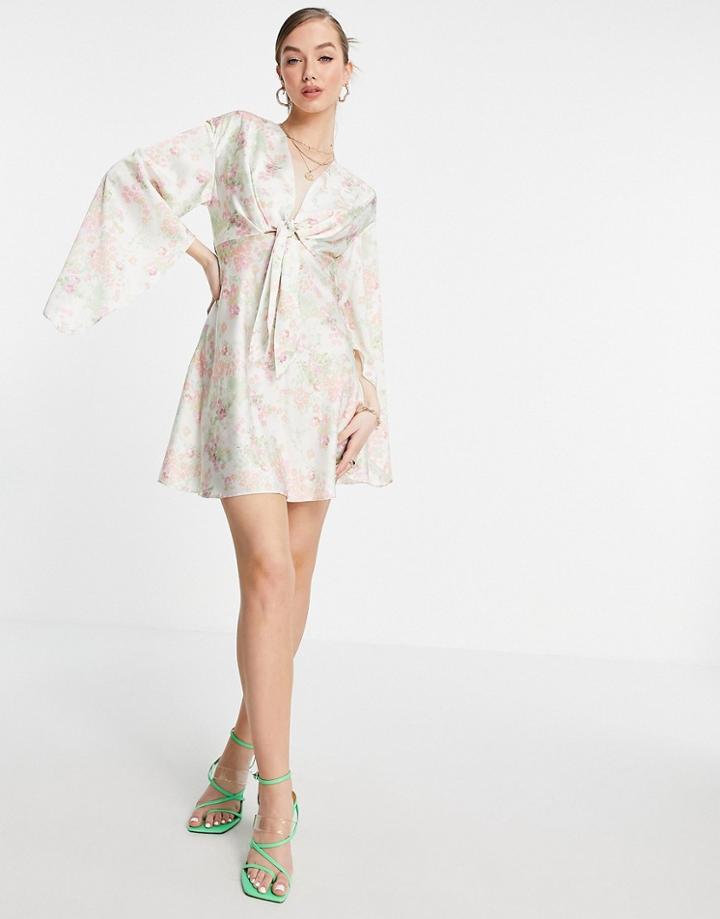 Asos Design Cape Sleeve Satin Mini Dress With Knot Front In Cream Floral-white