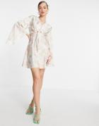 Asos Design Cape Sleeve Satin Mini Dress With Knot Front In Cream Floral-white