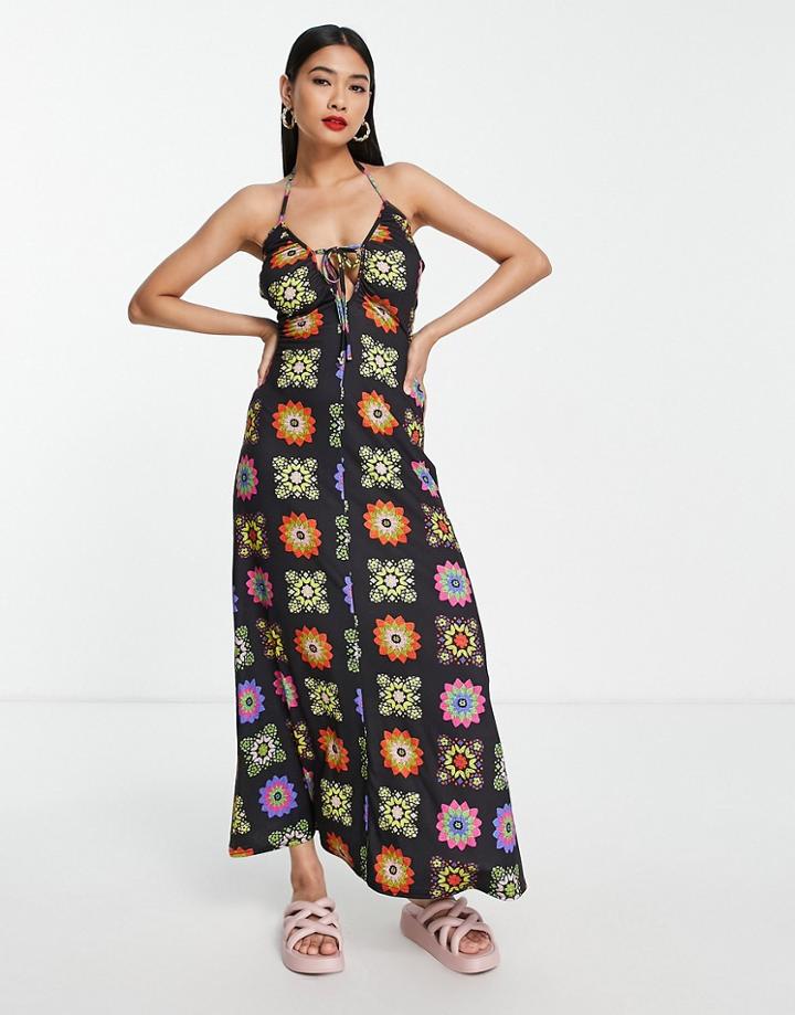 Asos Design Strappy Halter Maxi Dress In Black Crochet Print-multi