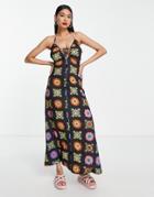 Asos Design Strappy Halter Maxi Dress In Black Crochet Print-multi