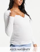 Asos Design Maternity Top With Notch Neck In Waffle With Long Sleeve In White