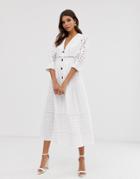 Asos Design Button Through Broderie Midi Dress-white