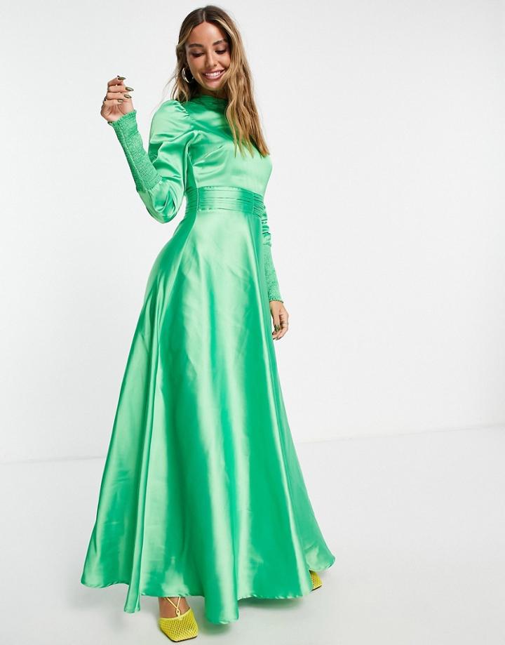 Asos Design Long Sleeve Satin Maxi Tea Dress With Gathered Waist And Shirred Cuffs In Emerald Green