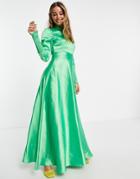 Asos Design Long Sleeve Satin Maxi Tea Dress With Gathered Waist And Shirred Cuffs In Emerald Green