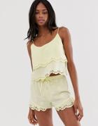 Asos Design Mix & Match Broderie Tiered Pyjama Strappy Top-yellow