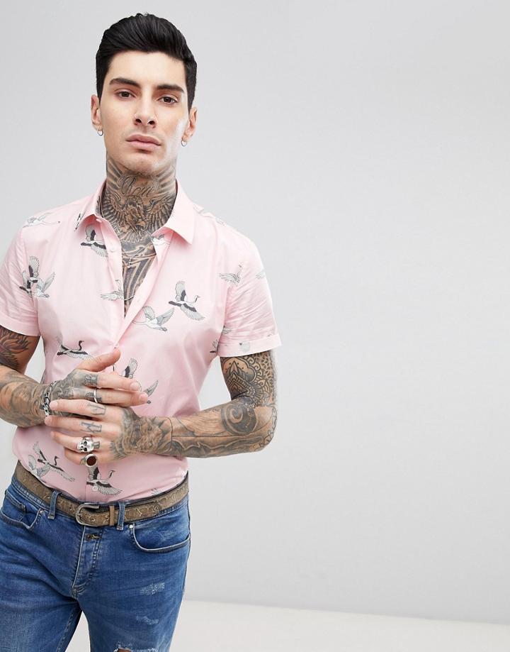 Devil's Advocate Short Sleeve Slim Fit Crane Print Shirt - Pink