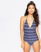 Monki Deep Plunge Swimsuit - Navy Painted Stripe