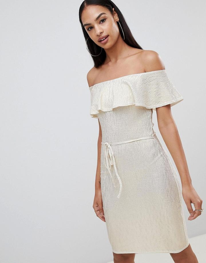 Rare Frill Top Metallic Bardot Midi Dress - Cream