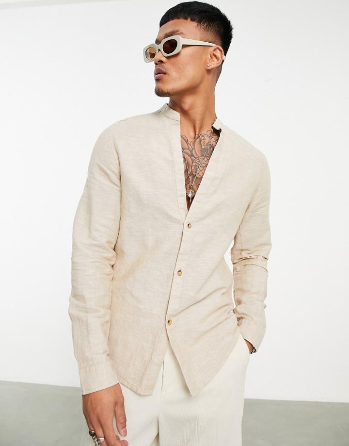 Asos Design Regular Shirt In Linen With Grandad Collar In Beige-neutral
