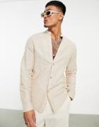 Asos Design Regular Shirt In Linen With Grandad Collar In Beige-neutral