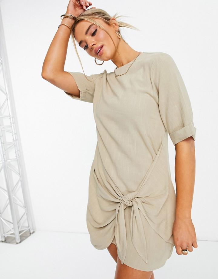 Asos Design Knot Front Mini T-shirt Dress In Stone-neutral