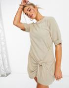 Asos Design Knot Front Mini T-shirt Dress In Stone-neutral