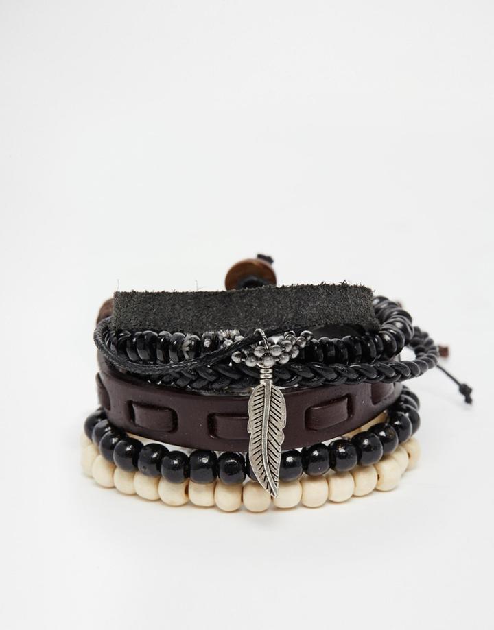 Asos Bracelet Pack With Feather - Black