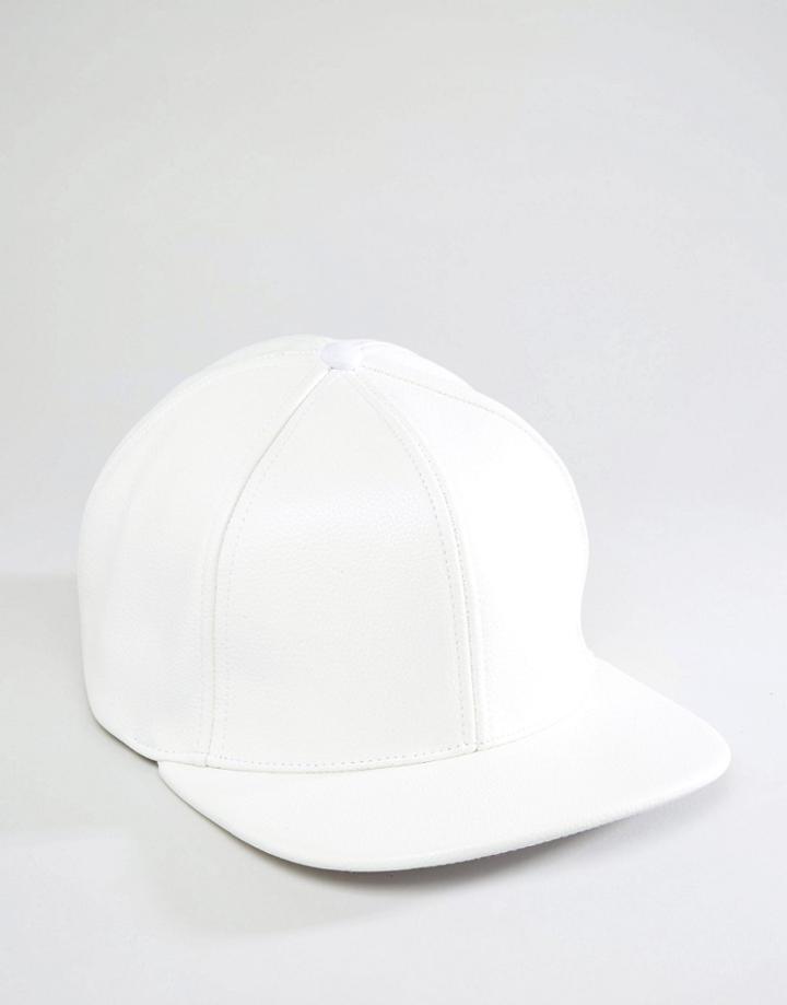 Asos Snapback Cap In White Faux Leather - White