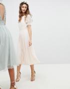 Tfnc Wedding Pleated Midi Dress With Spot Mesh Frill Detail - Pink