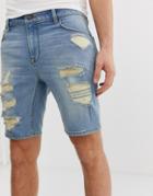 Asos Design Denim Shorts In Skinny Light Wash With Heavy Rips - Blue