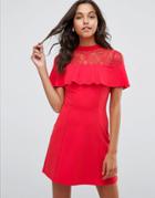 Asos Mini Skater Dress With Lace Inserts And Ribbon Tie - Red