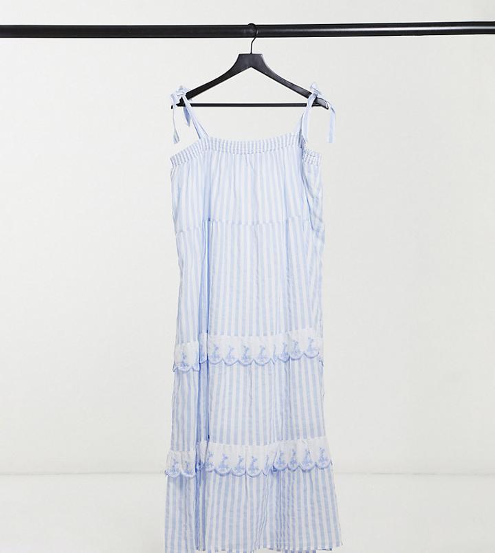 Cotton: On Curve Tie Strap Ruffle Midi Dress In Blue Stripe-blues