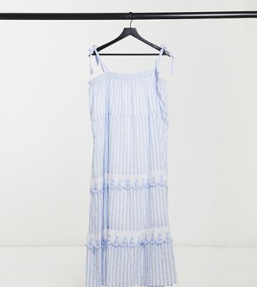 Cotton: On Curve Tie Strap Ruffle Midi Dress In Blue Stripe-blues