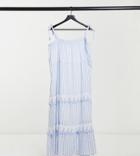 Cotton: On Curve Tie Strap Ruffle Midi Dress In Blue Stripe-blues