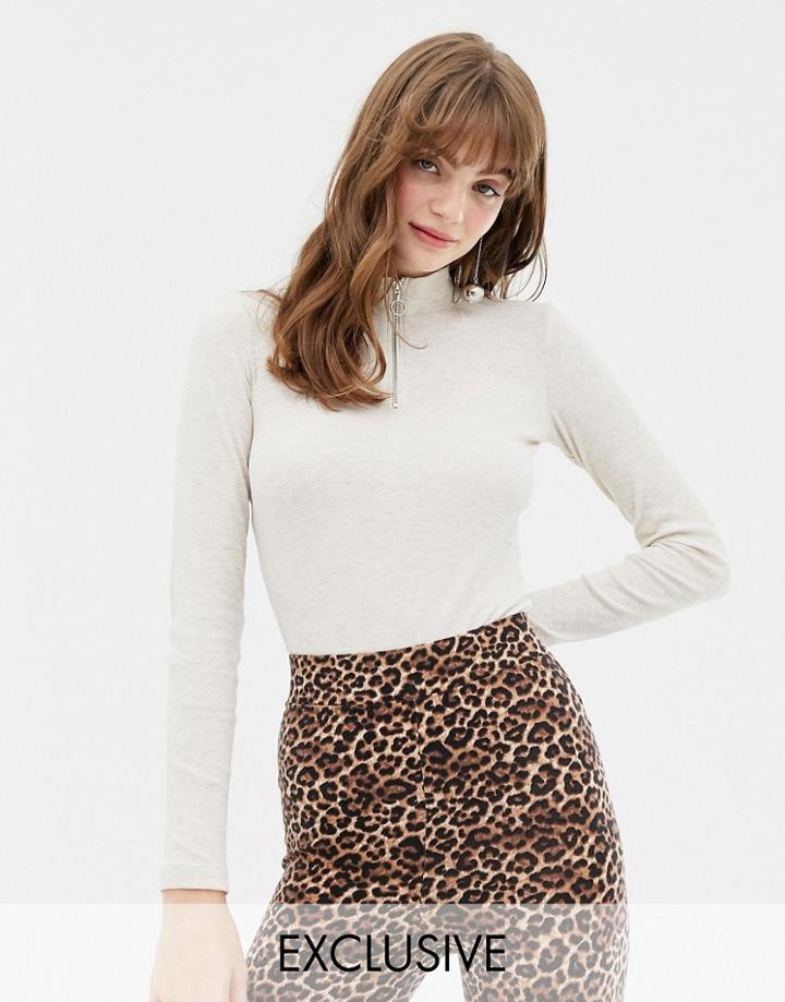 Monki Zip Neck Long Sleeved Top In Oatmeal Melange-beige
