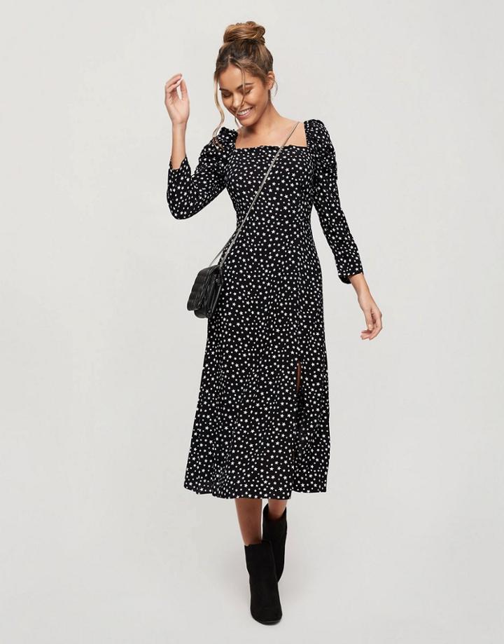 Miss Selfridge Star Print Square Neck Midi Dress In Black