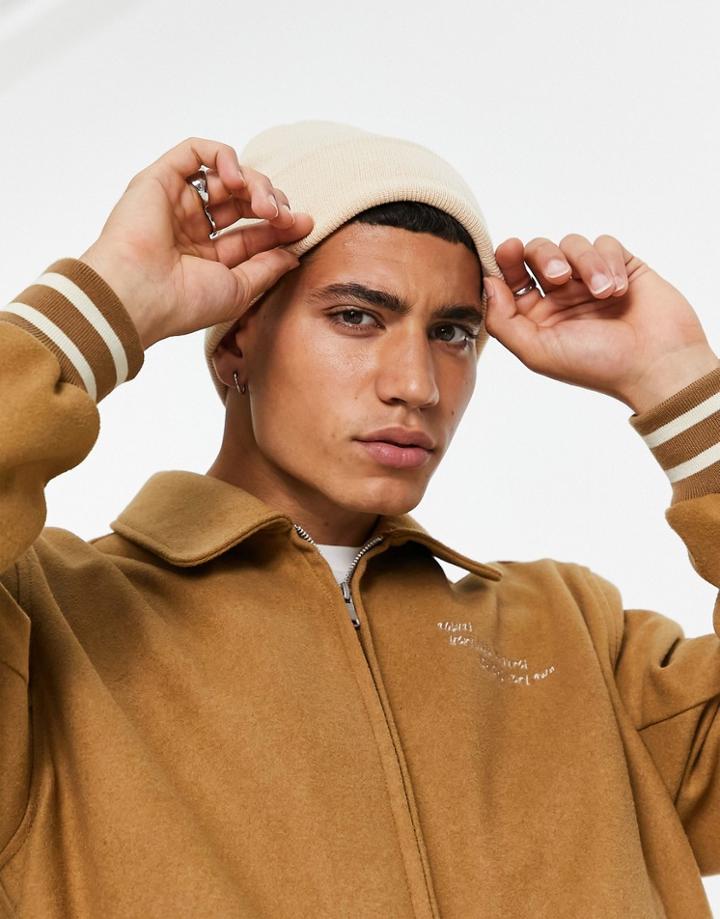 Asos Design Fine Knit Beanie With Deep Turn Up In Off White