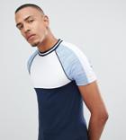 Asos Design Tall Muscle Raglan T-shirt With Interest Fabric Sleeves And Piping In Blue - Navy