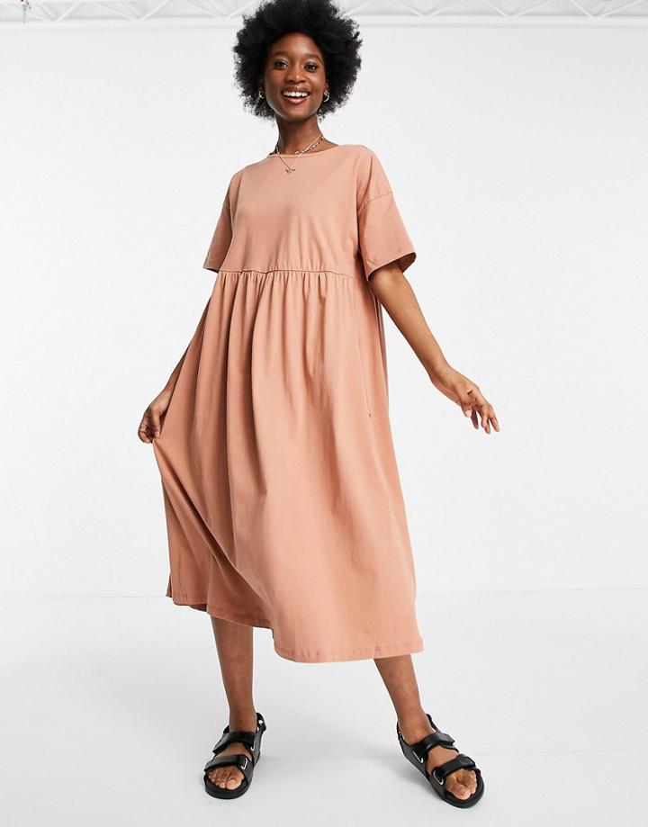 Asos Design Oversized Midi Smock Dress In Cork-brown