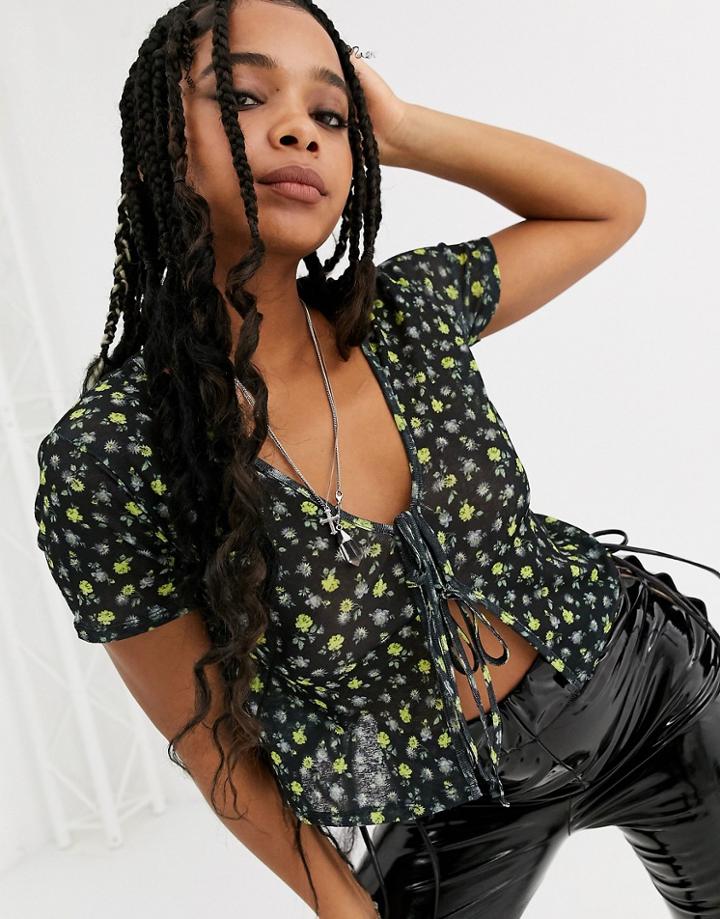 Asos Design Mesh Top In Ditsy Print With Cap Sleeve-multi