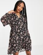 Object Gitte Floral Mini Smock Dress In Black