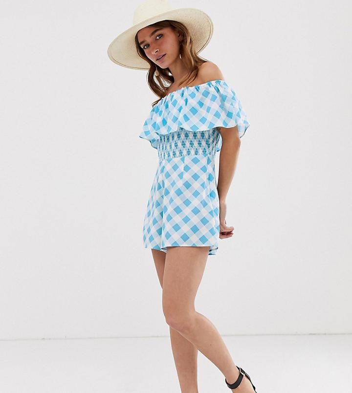 Asos Design Petite Off Shoulder Ruffle Romper With Shirring In Gingham Print-multi