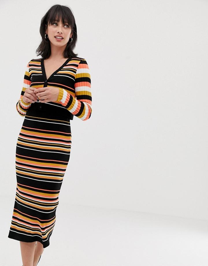 Asos Design Two-piece Skinny Rib Midi Skirt In Stripe-multi