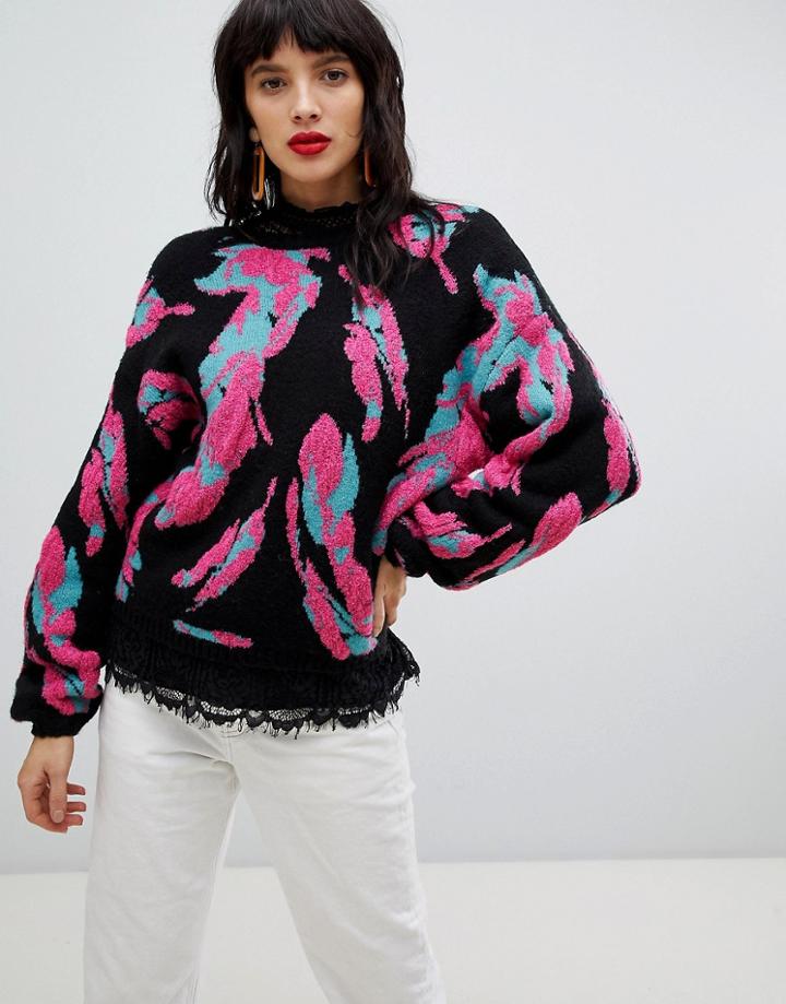 Lost Ink V Back Sweater In Floral Knit - Black