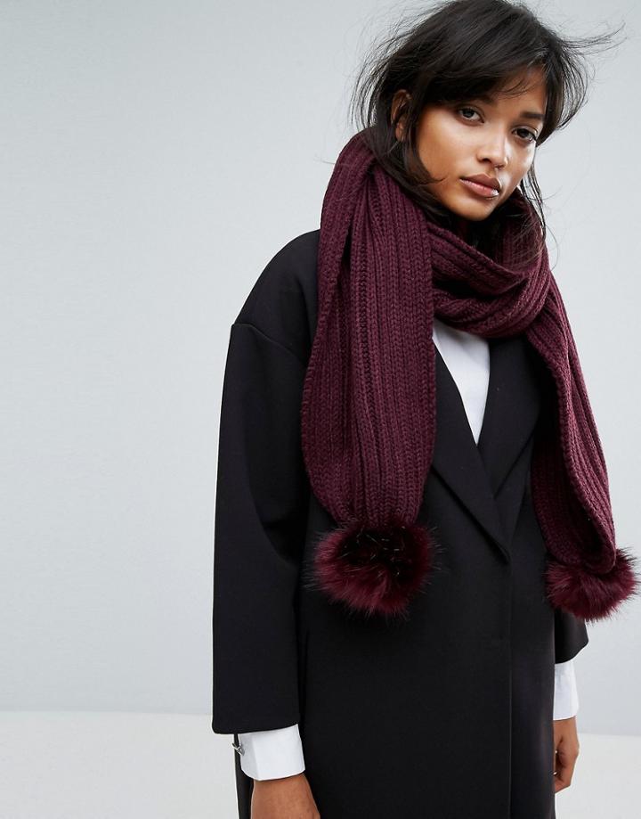 Warehouse Faux Fur Pom Pom Scarf - Red