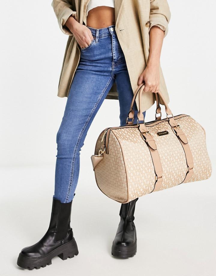 River Island Jacquard Barrel Bag In Beige-neutral